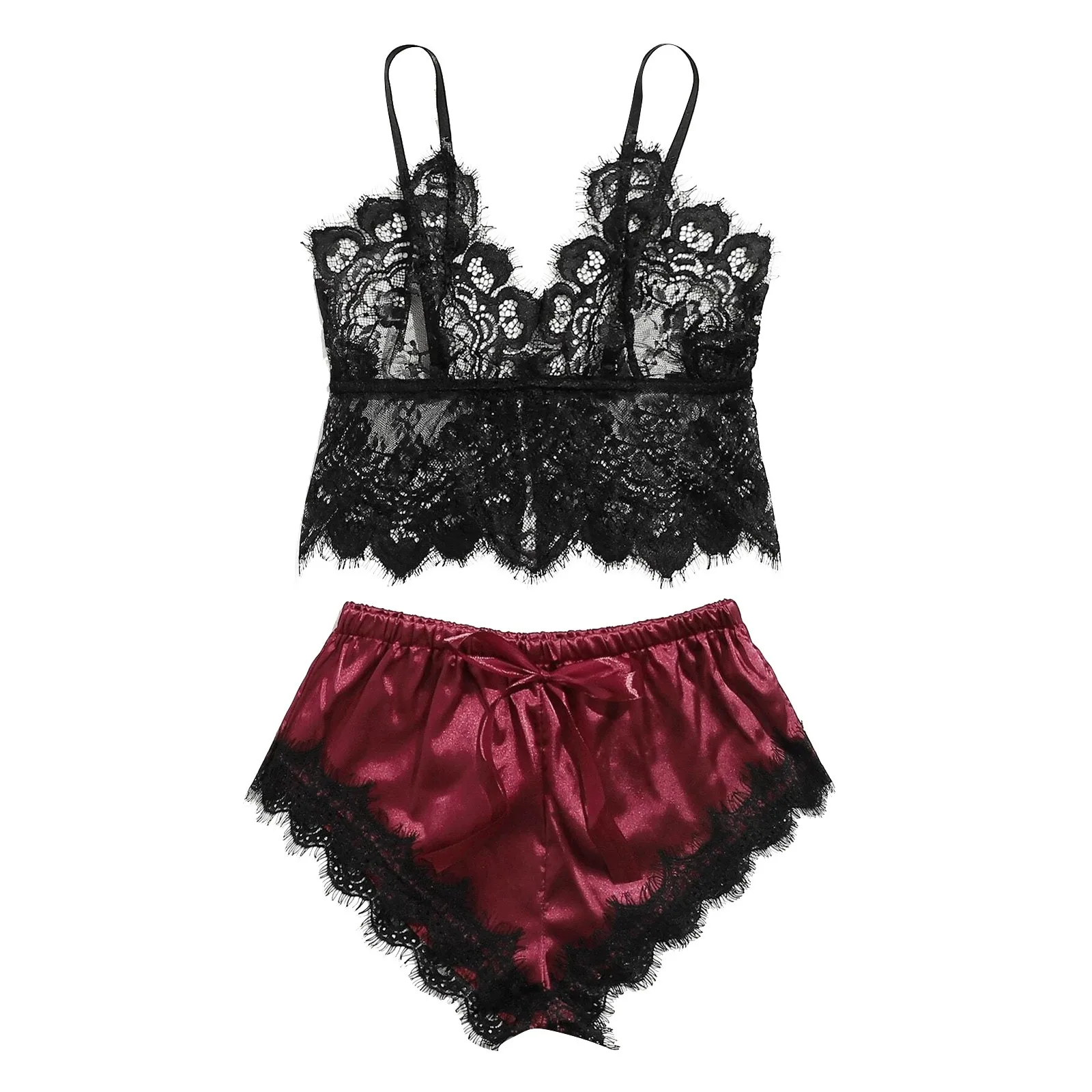 

Ladies fashion polyester semi-permeable and semi-hollow lace pajamas silk solid color skin-friendly shorts set F